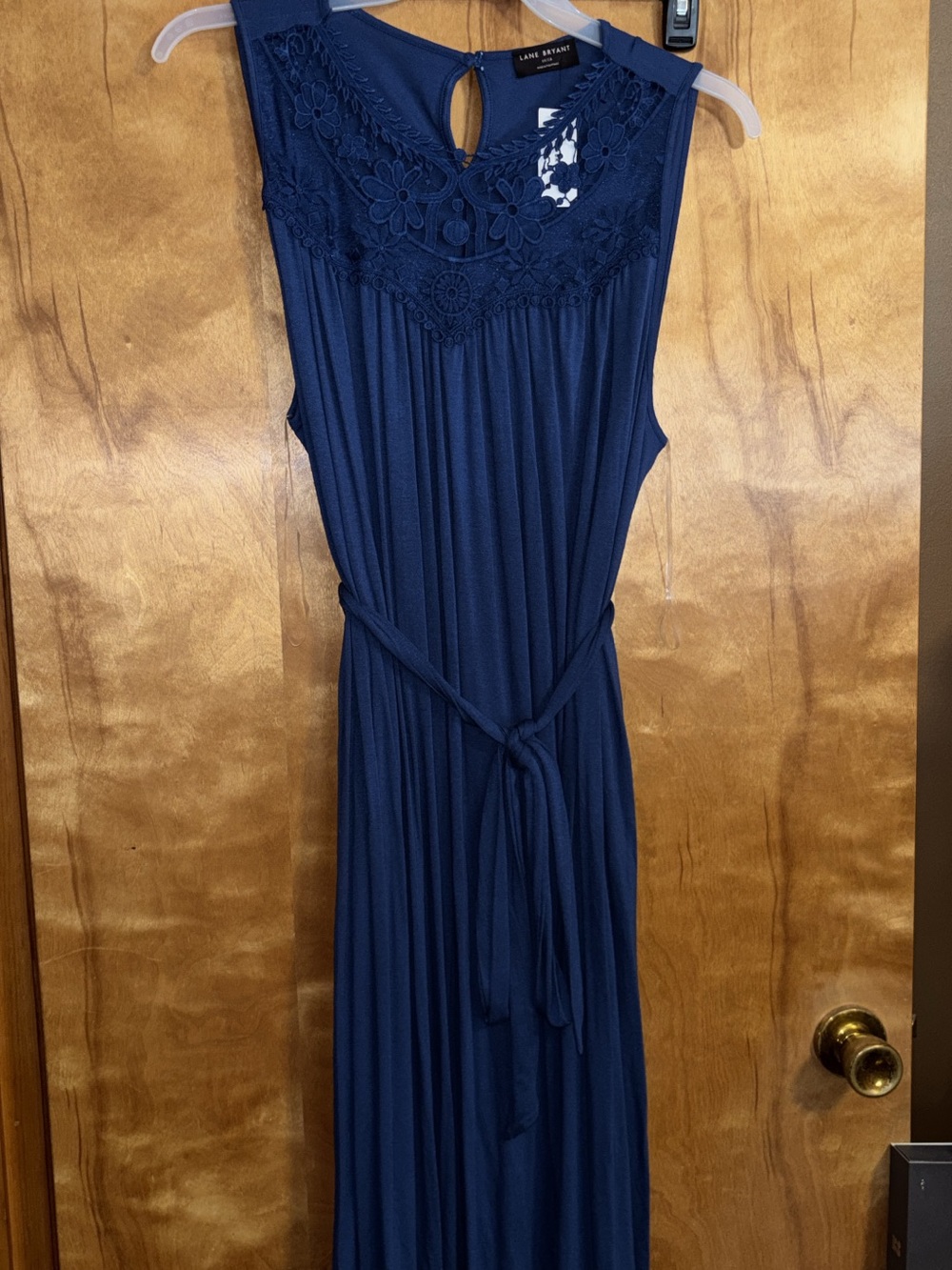 Lane Bryant Navy Midi Dress with Lace Yoke and Self-Tie Waist